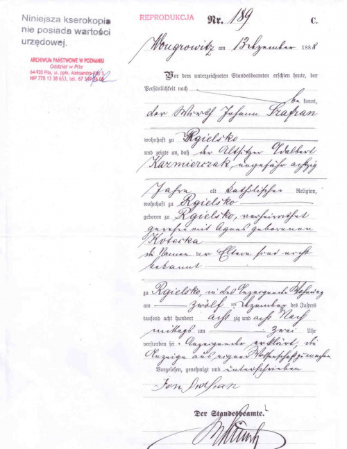 zgon Wojciech Kazmierczak USC Wągrowiec 1888